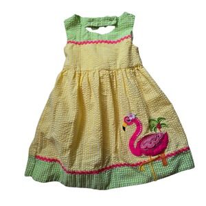 Emily Rose Summer Flamingo Gingham Sun Dress Girls 4T Yellow Sleeveless Applique